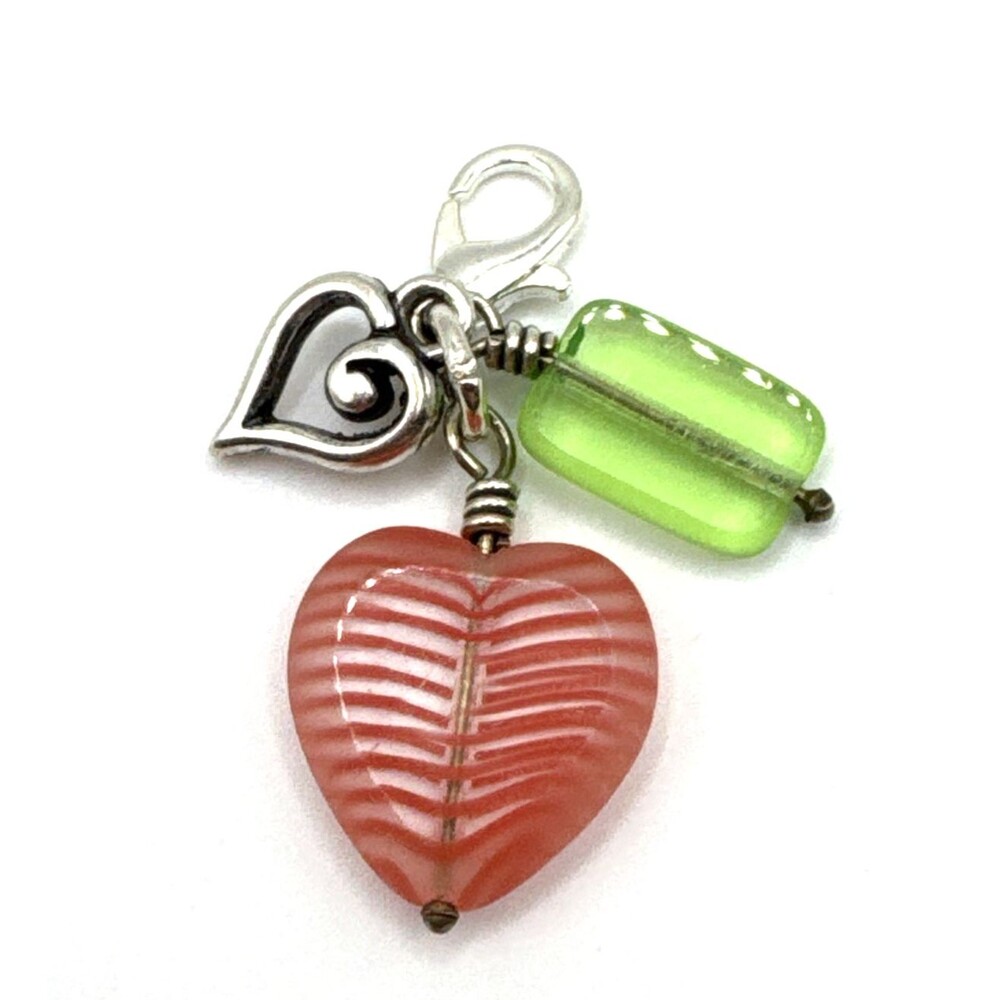 Brighton Portobello Pink Striped Heart & Green Bead Custom Silver Snap Charm